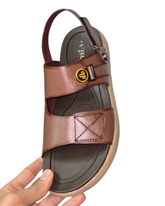 Brown Dual-Strap Sandal with Yellow Metal Logo