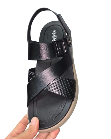 LuxeFit - Black Cross-Strap Sandal with Textured Band