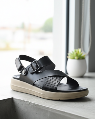 LuxeFit - Black Cross-Strap Sandal with Textured Band