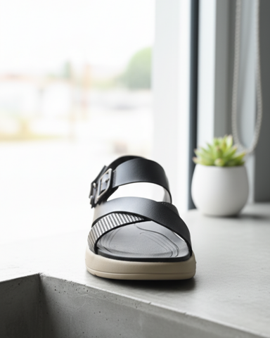 LuxeFit - Black Cross-Strap Sandal with Textured Band