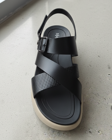 LuxeFit - Black Cross-Strap Sandal with Textured Band