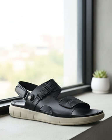LuxeFit - Black Open-Panel Sandal with Buckle Detailing