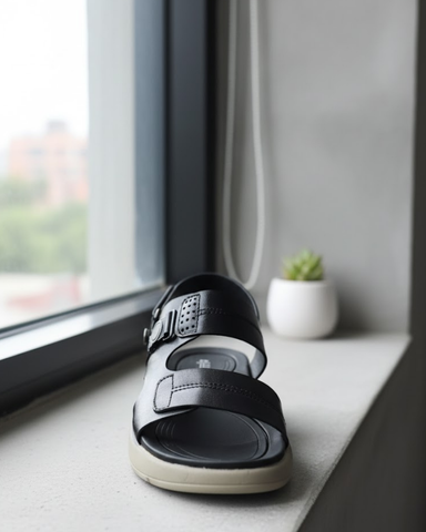 LuxeFit - Black Open-Panel Sandal with Buckle Detailing