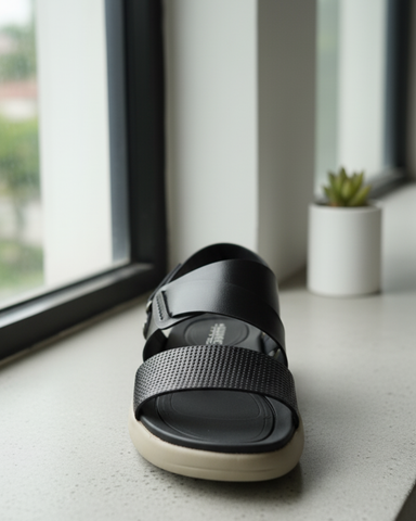 LuxeFit - Black Cross-Strap Sandal with Minimal Stitch Design