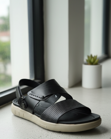 LuxeFit - Black Cross-Strap Sandal with Minimal Stitch Design
