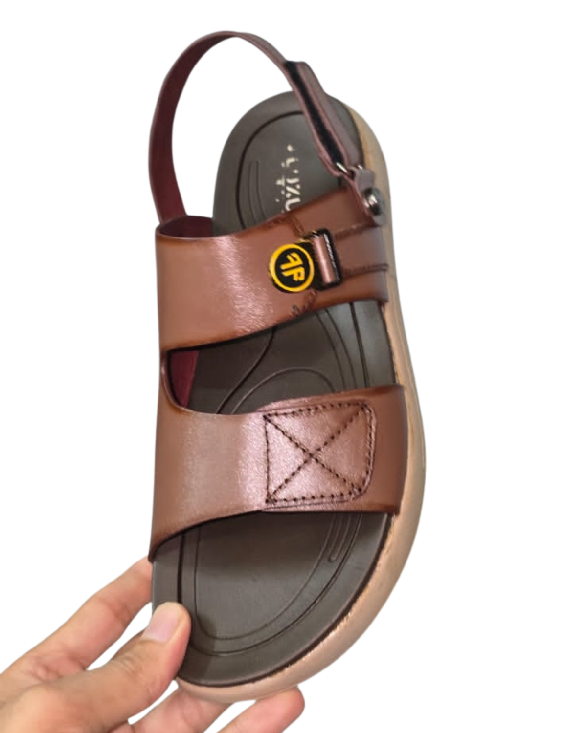 Brown Dual-Strap Sandal with Yellow Metal Logo